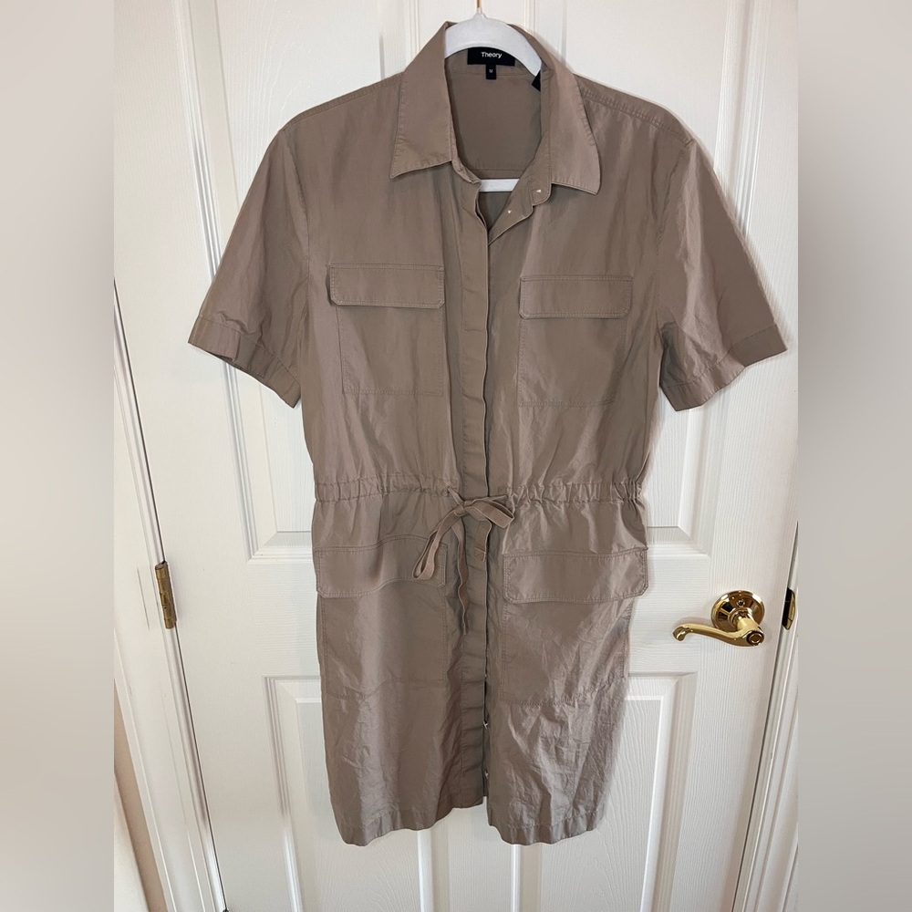 Theory Utility Cotton Mini Dress Medium Short Sleeve khaki color